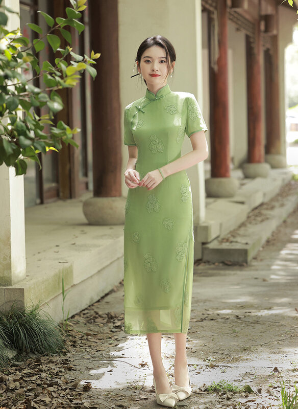 Улучшенное шифоновое платье с вышивкой, китайские женские пикантные Ципао с коротким рукавом, милое повседневное ретро-платье