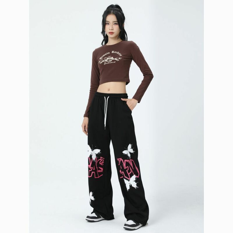 Oryginalne amerykańskie spodnie sanitarne nadrukowany motyl Graffiti, spodnie do taniec uliczny tańca jazzowego damskie spodnie