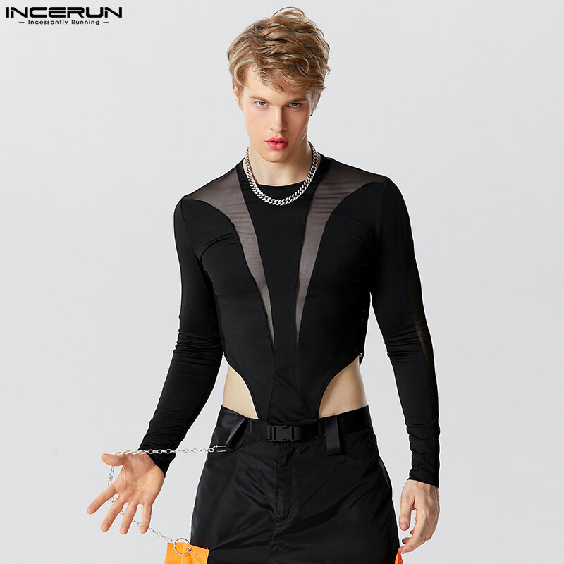 INCERUN 2023 seksi baru pria Bodysuit tipis tembus pandang Mesh Patchwork Jumpsuit bergaya Solid All-match lengan panjang baju monyet S-5XL