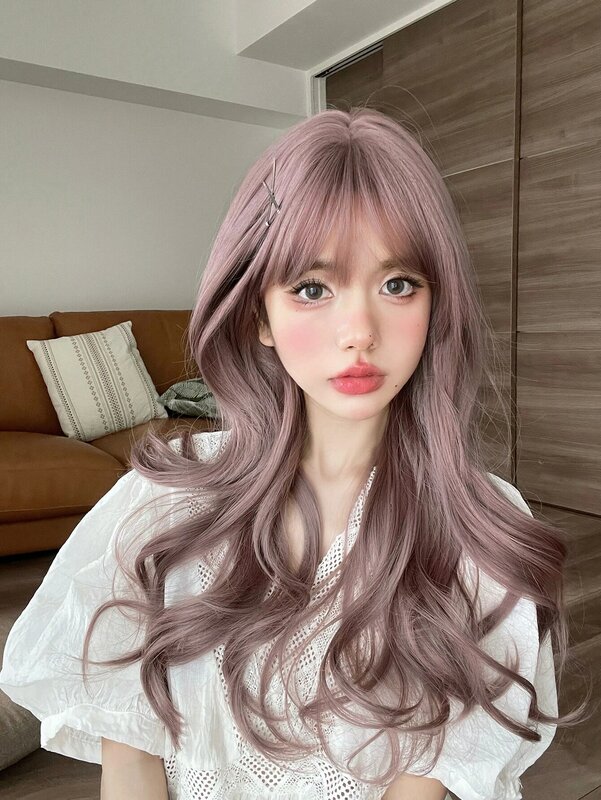 24Inch Pale Purple Color Synthetic Wigs with Bangs Long Natural Wavy Hair Wig For Women Daily Use Cosplay Party Heat Resistant