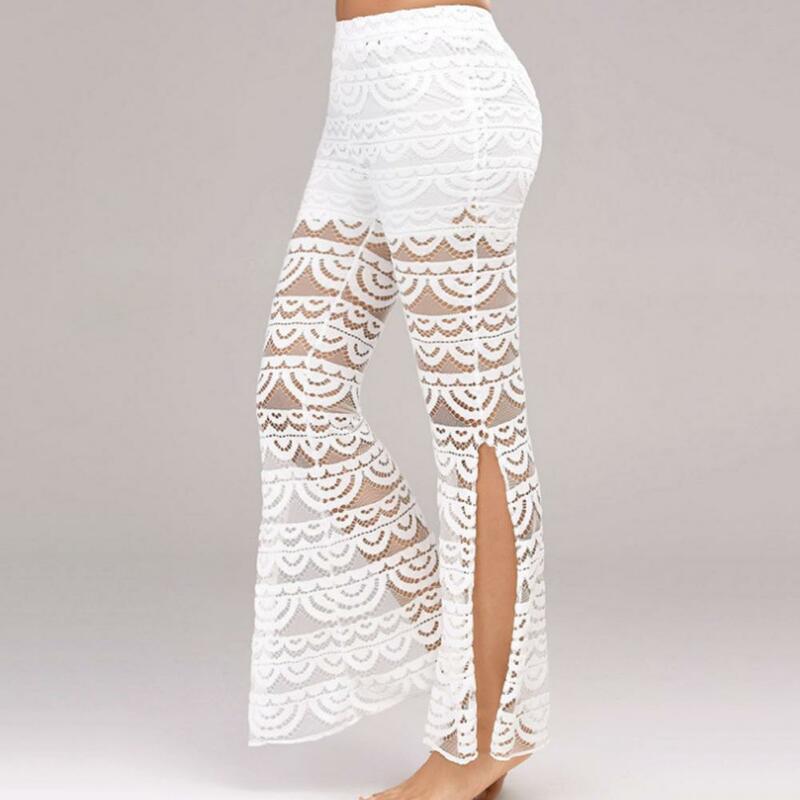 Mesh Pants Elegant Lace Splicing Wide Leg Pants for Women Stylish Mid-rise Trousers with Slit Cuffs Solid Color Mesh for Summer