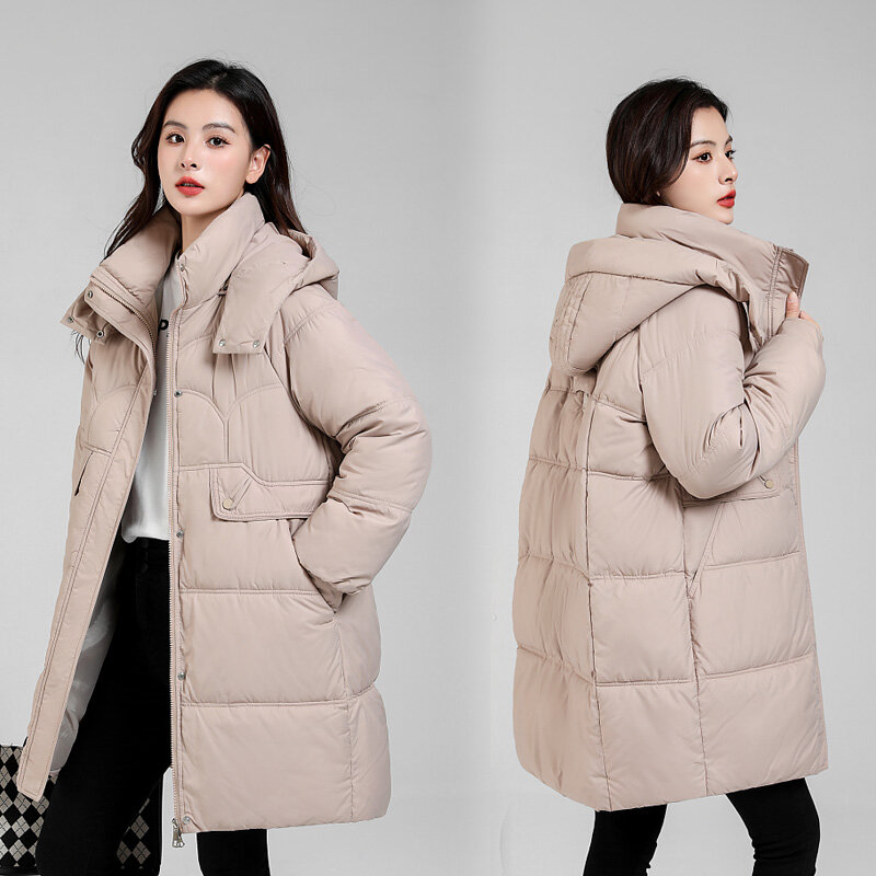 Women's Mid Length Hooded Cotton Jacket, Detachable Coat, Long Clothing, Fashion, New, 2023