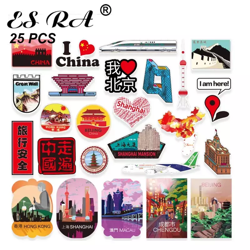 สติ๊กเกอร์สำหรับเดินทางในเมืองจีนขนาดใหญ่25ชิ้น/เซ็ตสติกเกอร์ปักกิ่ง Shang Hongkong Macau chengdutravel แล็ปท็อป decals suitacase