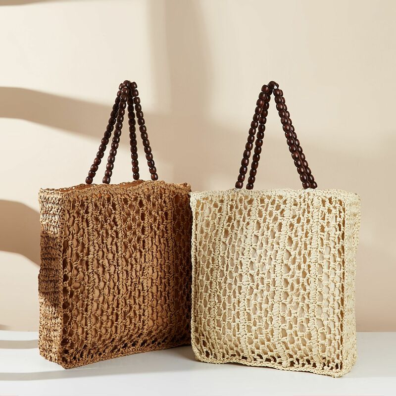 Bolso de mano con cuentas de madera, bolsa de hombro de ganchillo hueco, hecho a mano, tejido de paja tejida con cuerda de papel, para viaje y playa, 2024