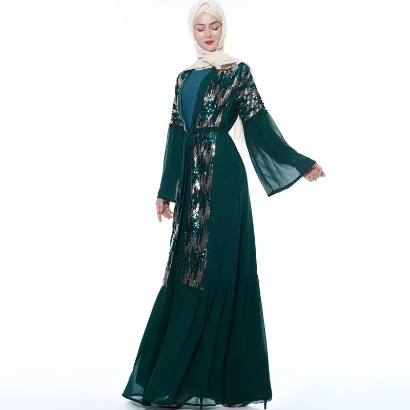 Vestido muçulmano médio oriente lantejoulas costura cardigan muçulmano mulheres manga longa chiffon vestido aberto dubai abaya turquia moda muçulmana