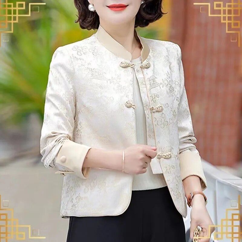 Женская жаккардовая куртка, Элегантная короткая Свободная куртка в китайском стиле, с винтажным воротником с пряжкой, большие размеры 5XL, весна-осень 2024