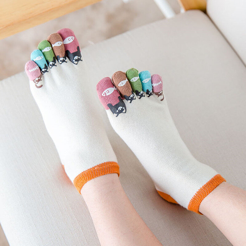 Calcetines tobilleros con estampado de cinco dedos para mujer, calcetín de algodón, blanco, Harajuku, divertido, novedad