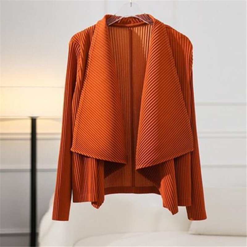 High-End Pleated Jacket Women's Casual Coat 2024 New Summer Spring Autumn Thin Jacket Tops Solid Color Lapel Folded Coat