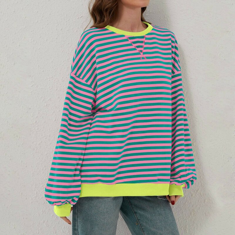 Damski swobodny nowy wzór w paski wokół szyi Trend sweter z długim rękawem dopasowany kolorystycznie T-shirt miękkie topy koszulka damska