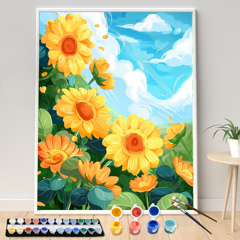 Hand Paint Yellow Sunflower And Chrysanthemum Landscape Acrylic Painting by Numbers Kit DIY Acrylic Artwork Canvas Art Gift Home