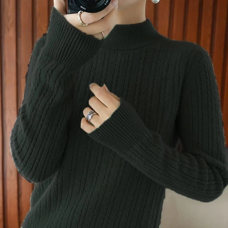 Женский кашемировый свитер, узкие Мягкие вязаные джемперы, пуловеры с воротником-хомутом, однотонные футболки, полуводолазка