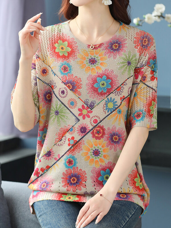 Женская трикотажная футболка с цветочным принтом, Свободный пуловер с вырезами, Y2K, Летний сезон 2024