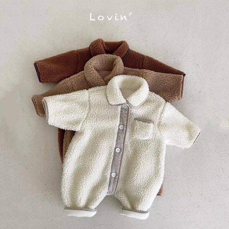 Baju monyet bayi polos gaya Korea, jumpsuit kerah lipat lengan panjang longgar dengan saku untuk anak-anak baru lahir