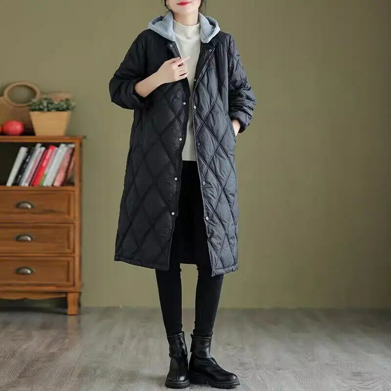 Hit Color Hooded Warm Jacket Artistic Oversized Women's Cotton Coat Long Sleeve Patchwork Medium Length Thickened Outwear Z3455