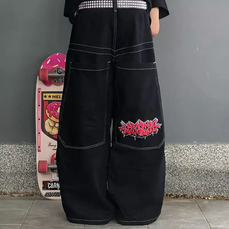 Hip Hop Retro uomo donna gotico a vita alta pantaloni larghi Harajuku pantaloni neri grafica ricamata Jeans larghi Streetwear Y2K Jeans