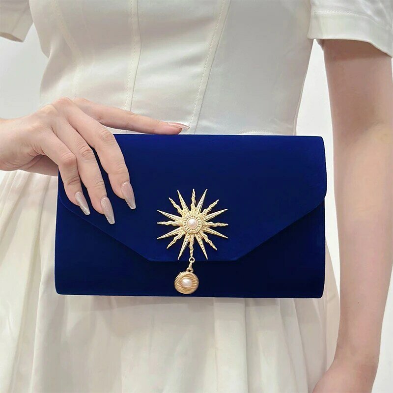 Fashion Women Clutches Evening Handbag Velour Envelope Purse with Pearl Floral Lady Crossbody Shoulder Wedding Party Bag Wallet