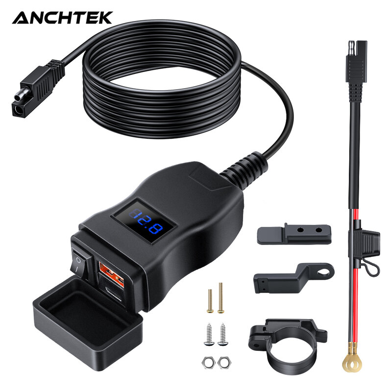 Anchtek Motorcycle Vehicle-Mounted Charger Waterproof Adapter 12V Phone USB PD Ports Quick Charge 3.0 With Switch Moto Accessory
