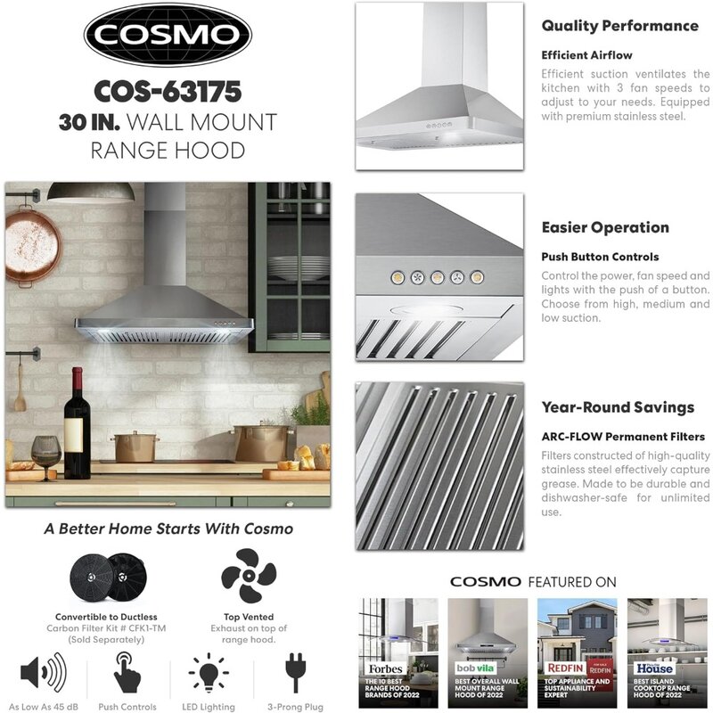 Wall Mount Range Hood with 380 CFM, Ducted, 3-Speed, Permanent Filters, LED Lights, Chimney Style Over Stove Vent in