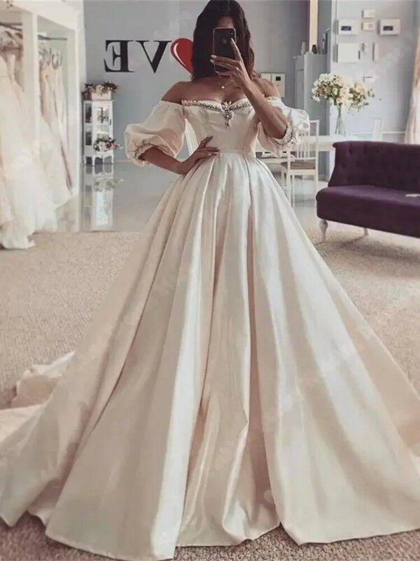 Gaun pengantin tanpa tali rendah terbaru bahu terbuka Satin berjalan gaun pengantin panjang Applique mengepel panjang wanita Vestido De Novia