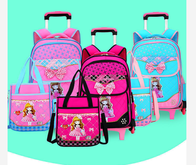 Conjunto de mochila escolar con ruedas para niña, bolso de mano con carrito escolar, mochila escolar con ruedas