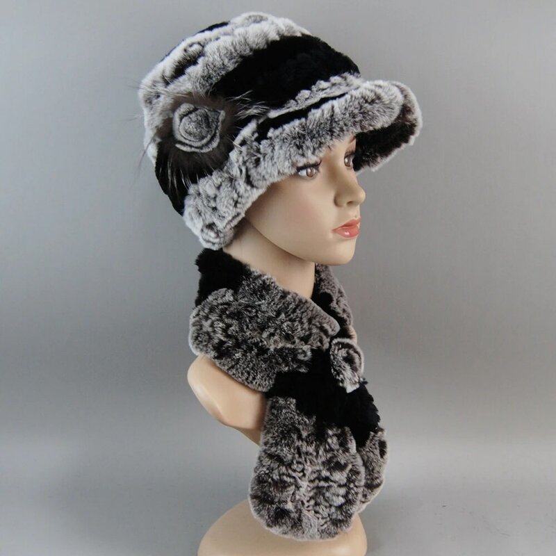 2024 Knitted Real Rex Rabbit Fur Hat Scarf Women Winter Rex Rabbit Fur Cap Scarves Sets Natural Warm Rex Rabbit Fur Muffler Hats