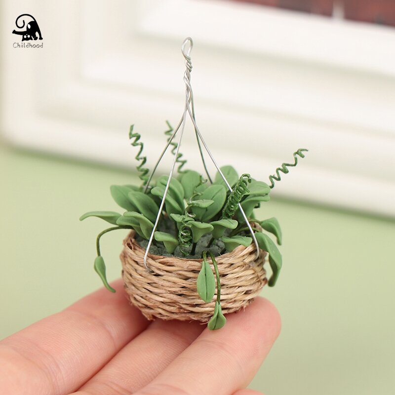 1:12 Miniature Hanging Potted Plant Pots Fairy Garden Flower Clusters Basket Miniature Gardening For Doll House Decor