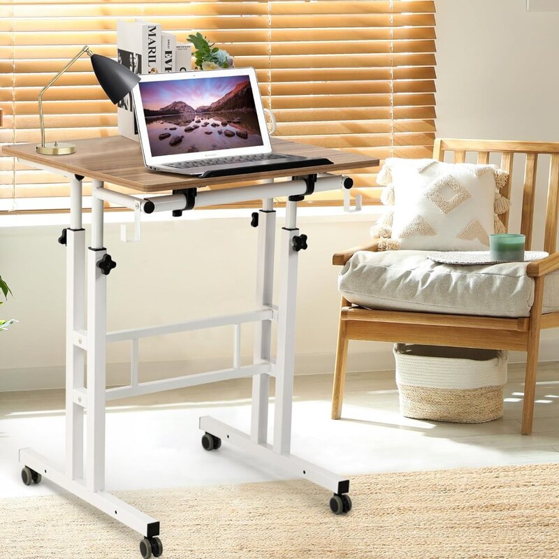 Mobilne biurko stojące, małe biurko stojące z regulacją wysokości, wózek na laptopa do stojania lub siedzenia, biurko w stylu vintage z dębu