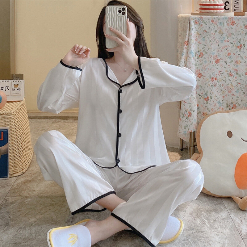 Women Pajamas Sets Strped Pijama Faux Silk Satin Pyjama Female Sleepwear Long Sleeve Lapel Shirt Pants Homewear Nightwear pjs