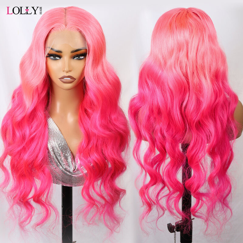 Lolly Hair Ombre Pink parrucche anteriori in pizzo trasparente corpo Pre pizzicato parrucche per capelli vergini umani rosa da 30 pollici