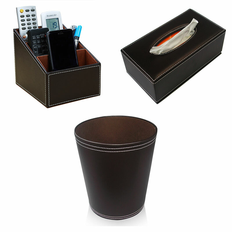 3 pcs PU Leather Office Supplies Desk Organizer Sets Remote Controller Storage Box Tissue Box Holder Trash Bin T78