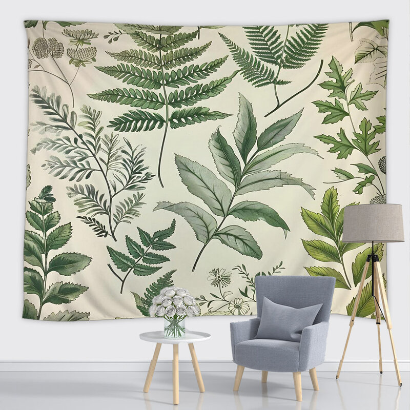 Tapiz de plantas florales y verdes para colgar en la pared, hojas de helecho, paisaje natural bohemio, decoración estética de la habitación del hogar