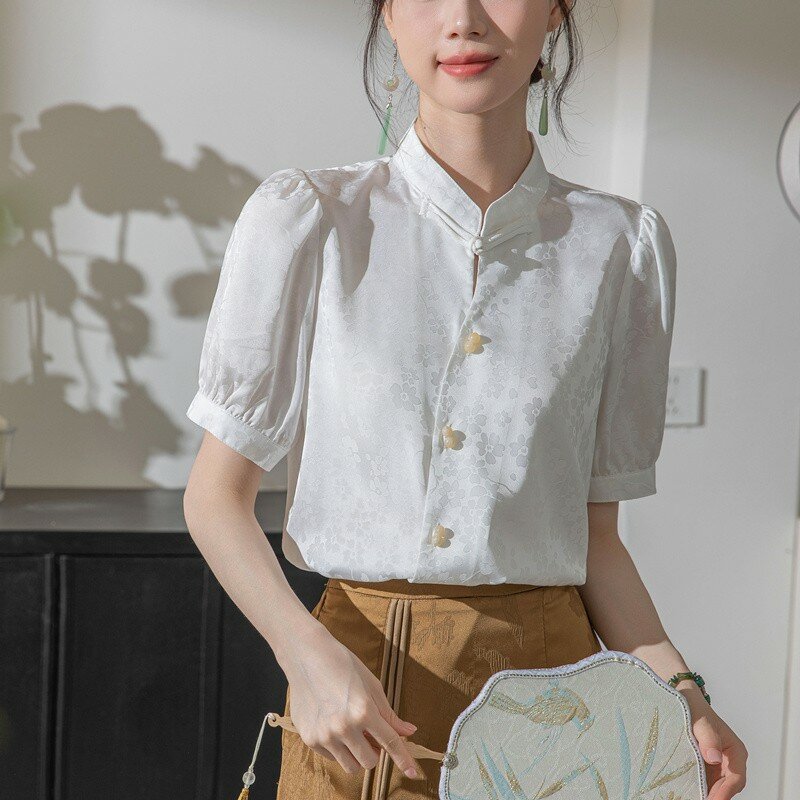 Kemeja wanita kasual lengan pendek gaya China, Atasan kemeja elegan wanita dasar kerah Mandarin Vintage Musim Panas 2024
