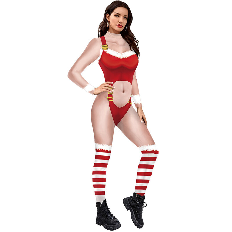 Women Christmas 3D Printing Jumpsuits Funny Xmas Costume Long Sleeve Skinny Jumpsuit One Piece Outfit Catsuit for Adults