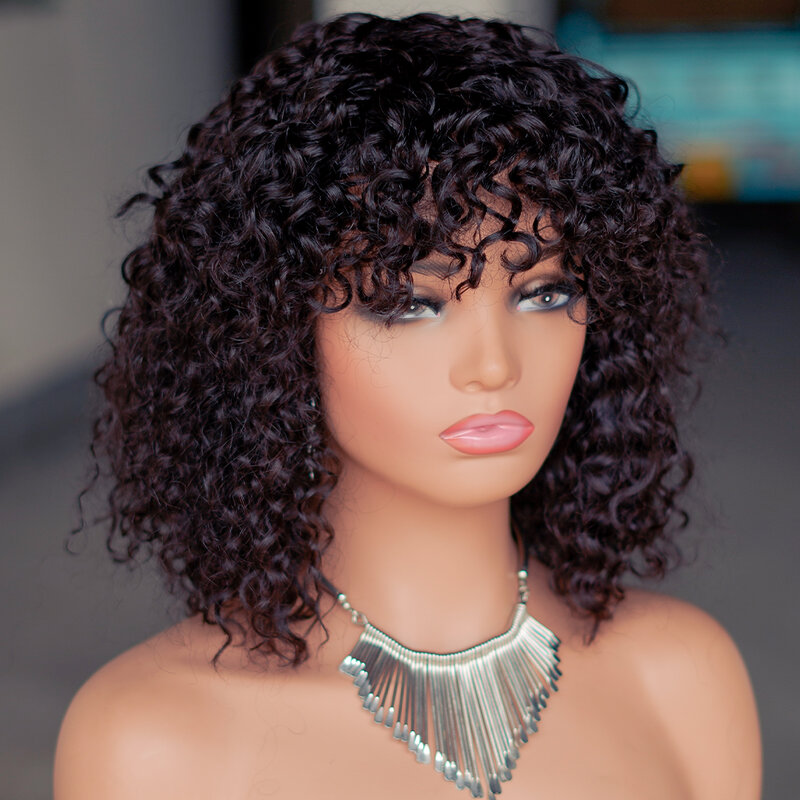 Short Bob Kinky Curly Human Hair Wig With Bangs Black Human Hair Wigs for Women Afro Full Machine Made Natural Closure Hair Wigs