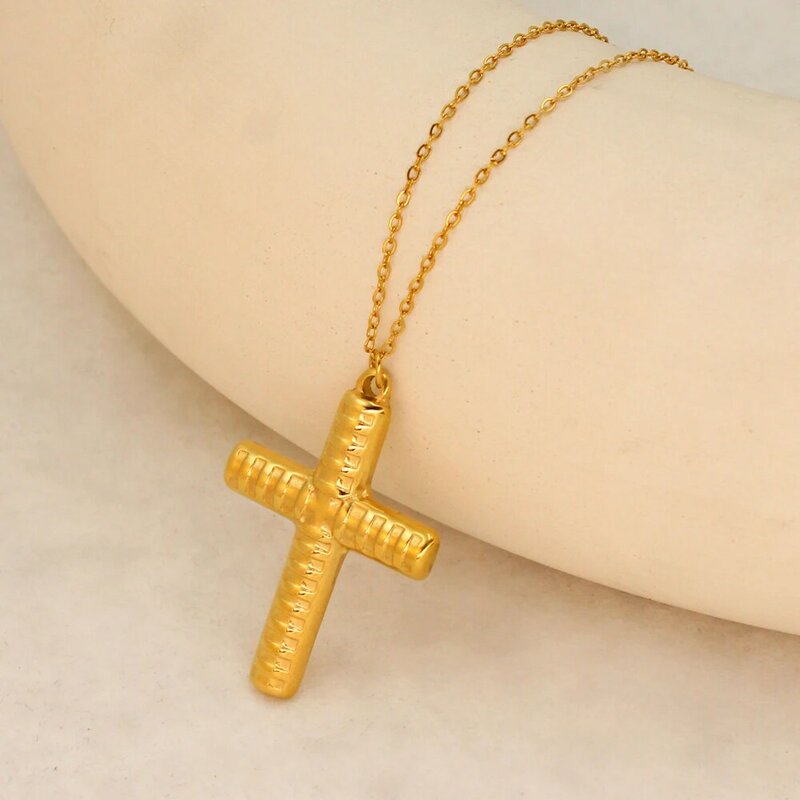 Unisex 2 Different Side Stainless Steel Cross Pendant Necklace Chic Gold Silver Christian Pray Jewelry Waterproof