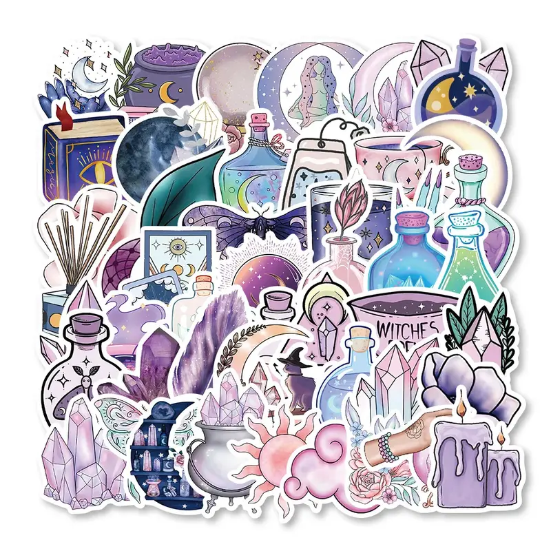 10/30/50 buah stiker grafiti anak, Stiker bulan ungu ajaib tahan air dekorasi estetika Laptop gitar Scrapbook