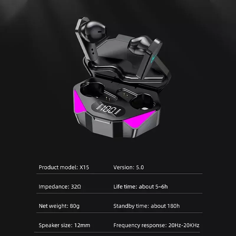 X15 TWS Gaming Earbuds com Microfone, Sem Fio, Fone de Ouvido Bluetooth, Baixo Áudio, Posicionamento do Som, Estéreo 9D, Música, HiFi Headset for Gamer