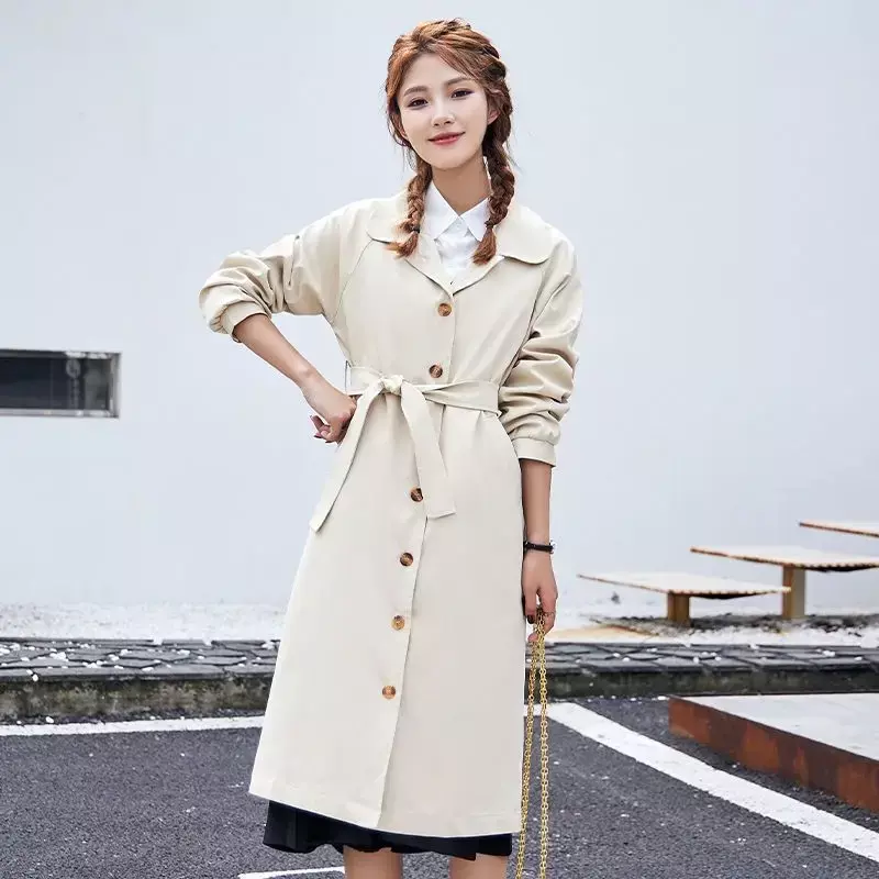 Женская ветровка с поясом, однобортная приталенная ветровка средней длины с поясом с отложным воротником, корейская мода на осень и зиму, 2022