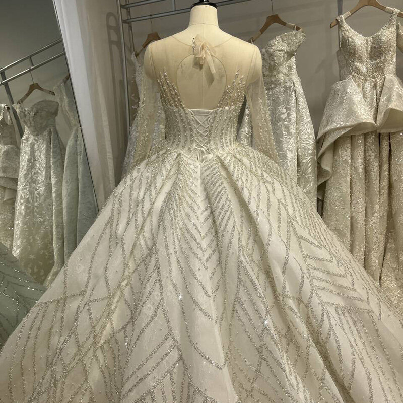 Jancember O-Neck Full Sleeves Tassel Illusion Beading Ball Gown Backless Elegant Luxury Wedding Dresses Robe Mariage LSMNM002