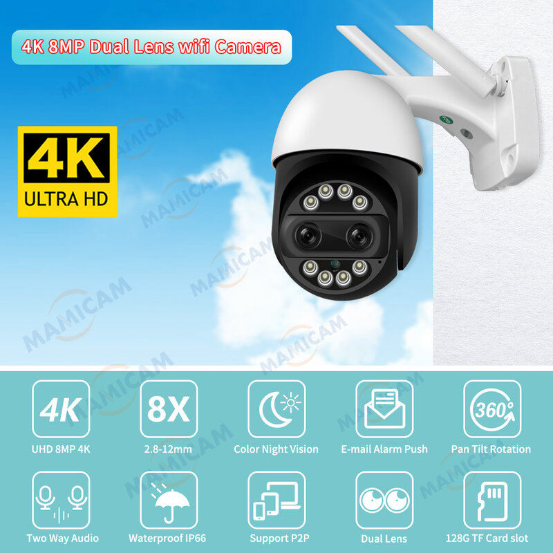 Kamera IP Wifi nadzór bezpieczeństwa podwójny obiektyw PTZ 8MP 8-krotny Zoom kolor IR Night Vision automatyczne śledzenie dwukierunkowe Audio 2.8MM 12MM