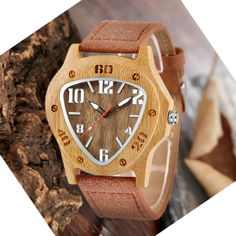 Men's Wooden Quartz Analog Leather Strap Watch, Fashion Brown Triangle Dial Strap Wooden Watches for Men-Brown