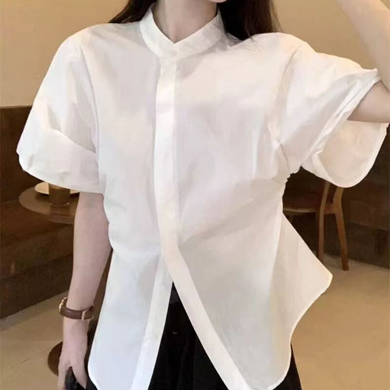 Gidyq-Camisa feminina de manga folhada, 100% algodão, estilo francês, monocromática, doce, estilo formal, elegante, moda verão, blusa feminina