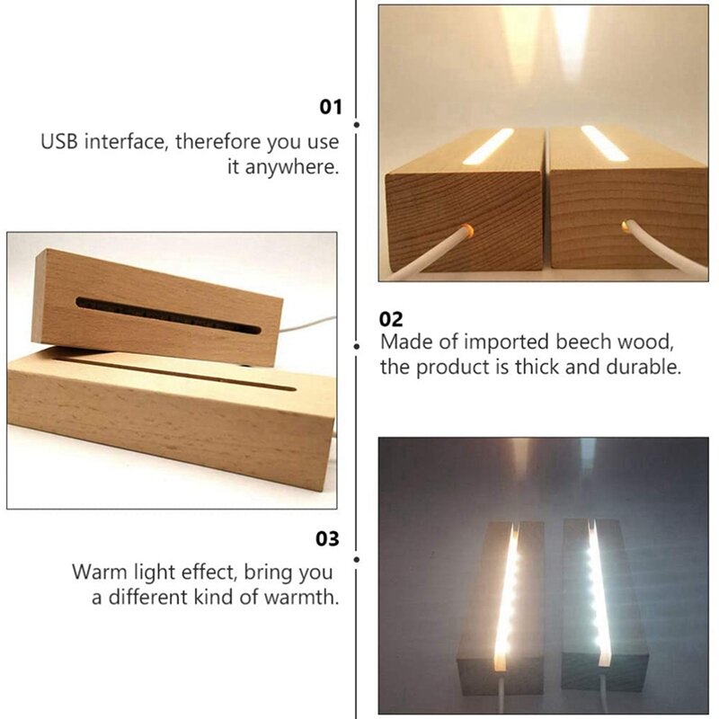 3X Wooden Rectangle Light Base,Wood LED Display Base Pedestal Light Lamp Stand For Acrylic,Crystal,Night Light,Resin Art