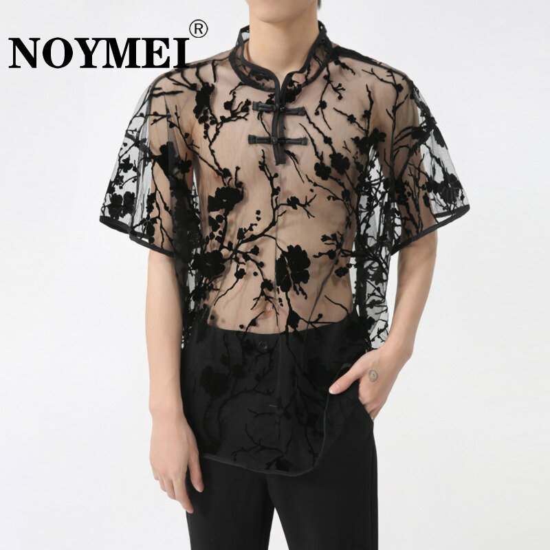 NOYMEI 2024 Spring New Chinese Style Knot Button Transparent Short Sleeve Shirt Mesh Shirt Men's Black Sexy Top WA4415