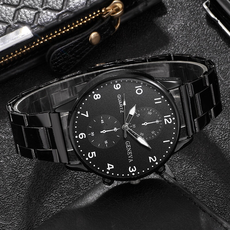 Ensemble de montre-bracelet à quartz en acier inoxydable pour hommes, montres d'affaires, bracelet décontracté, collier noir, mode, 3 pièces