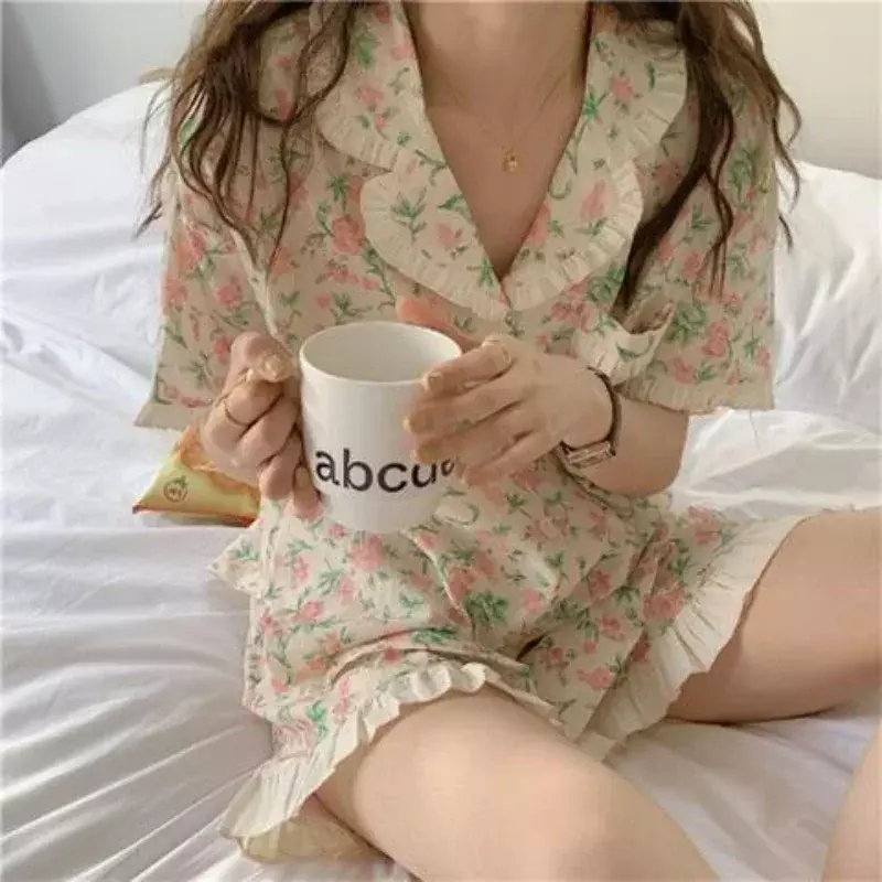 Conjunto de pijama floral feminino, roupa de dormir, shorts, verão, 2 peças, fofo, babado, terno doméstico, pijama estilo coreano, roupa noturna