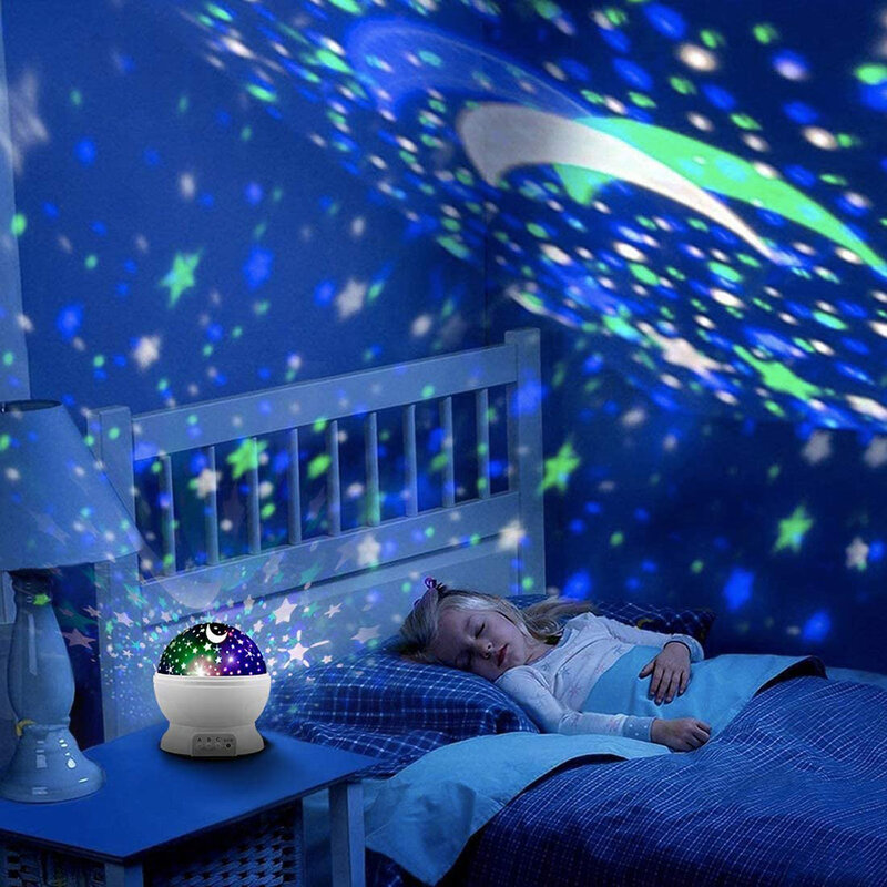 Proyector de luna y estrella, lámpara de proyección de cielo estrellado, luz de ambiente giratoria, luz para dormir para bebé, alimentado por batería USB