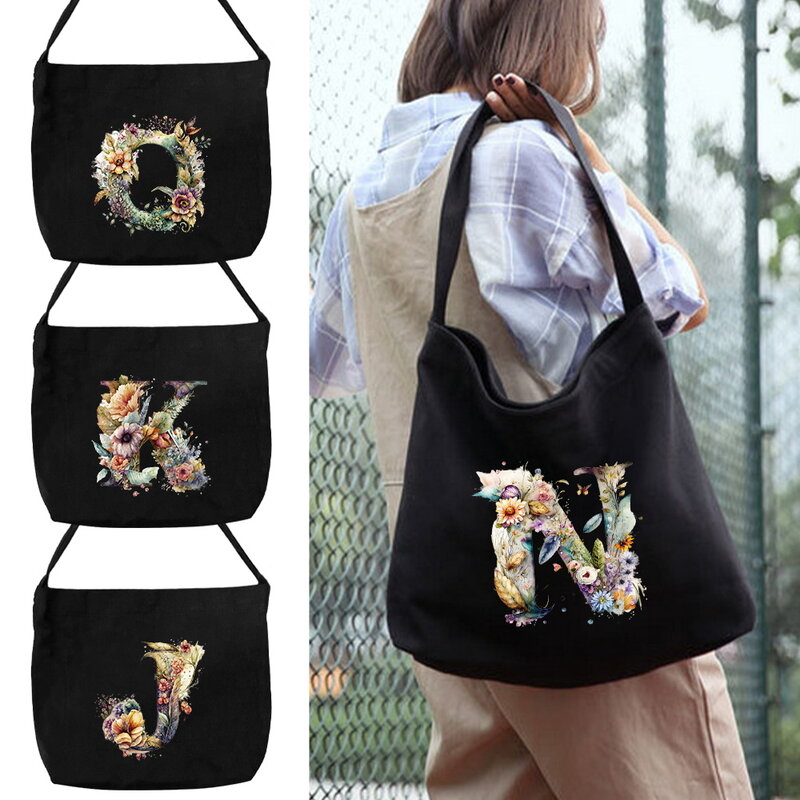 Bolso de un hombro para mujer, bolsa de lona respetuosa con el medio ambiente, bolsas de almacenamiento de un solo hombro, bolso de viaje, serie de letras florales
