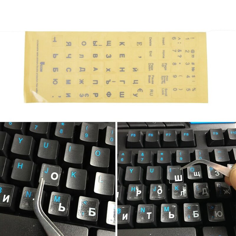Stiker Keyboard huruf putih latar belakang transparan stiker Keyboard transparan di Rusia untuk laptop huruf komputer