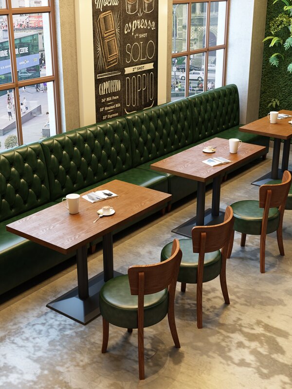 Combinación de mesa y silla de sofá de tienda de té de leche, bar transparente, cafetería, restaurante, pared, cabina de madera maciza
